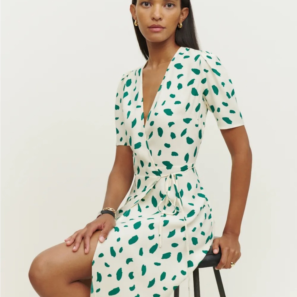 Reformation Cream and Green Patterned Midi Dress
